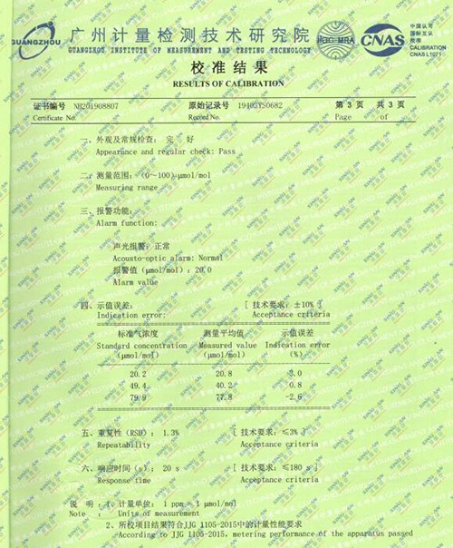 氨氣檢測儀計量校準報告